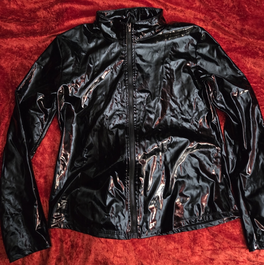 Black Pvc Shiny Zip Up Top/jacket